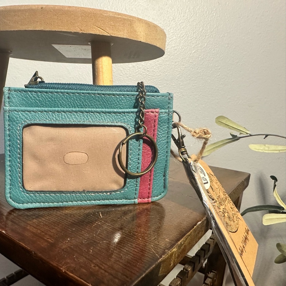 Catchfly Teal and Pink Yellow Card Holder with Keychain nwt